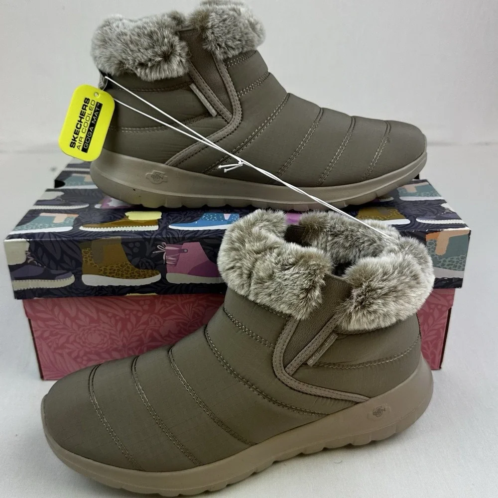 Skechers Women's Go Walk Air Cooled Goga Mat Boots with Faux Fur taupe Size 9